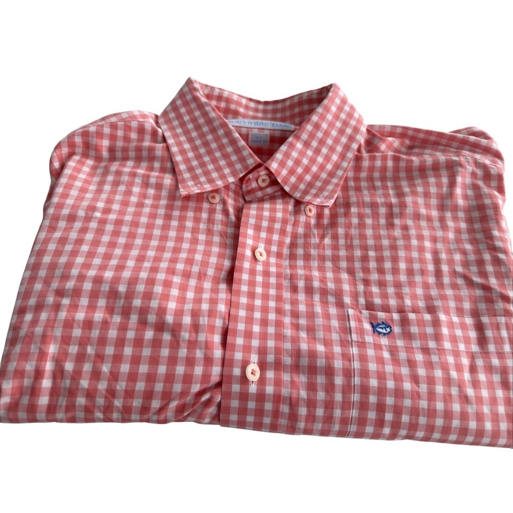 Southern Tide Mens Classic Fit Gingham Sleeve Button Down Shirt Coral L